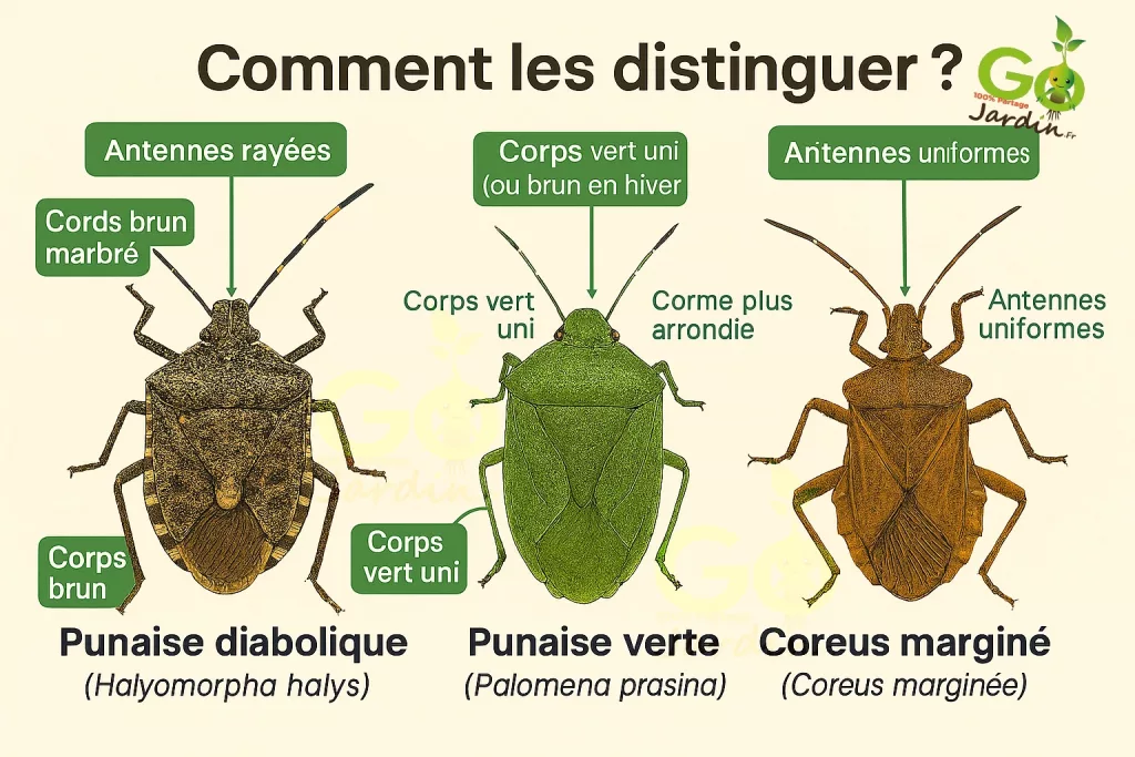 Comparaison visuelle entre la punaise diabolique (Halyomorpha halys), la punaise verte (Palomena prasina) et la corée marginée (Coreus marginatus) avec leurs caractéristiques distinctives : antennes rayées ou uniformes, couleur du corps, forme et bords abdominaux.