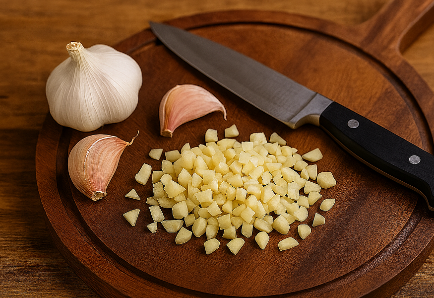 Gousses d’ail entières et émincées sur planche en bois avec couteau de cuisine