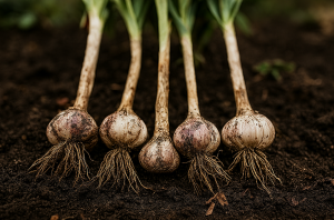 Bulbes d’ail avec tiges et racines, fraîchement récoltés au potager