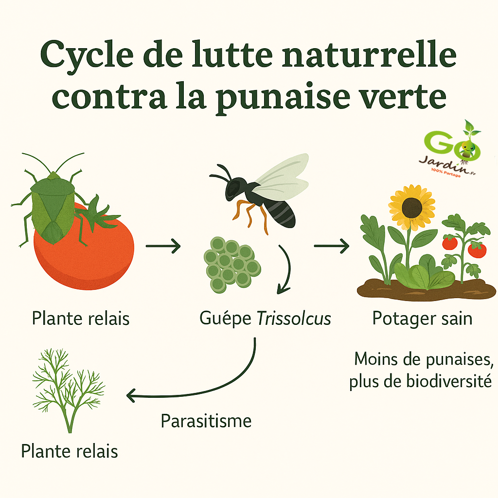 Schéma illustrant le rôle des plantes relais et de la guêpe Trissolcus dans la lutte naturelle contre la punaise verte.