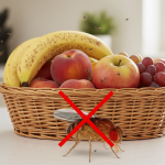 Plusieurs moucherons autour d’une corbeille de fruits bien mûrs dans une cuisine, infestation de drosophiles et prévention naturelle