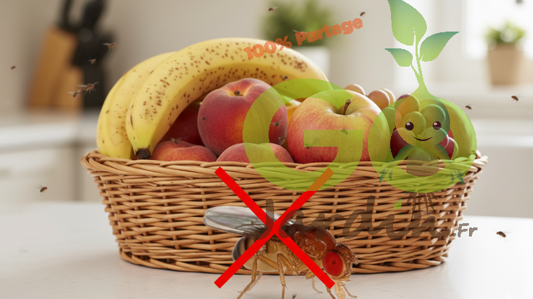 Plusieurs moucherons autour d’une corbeille de fruits bien mûrs dans une cuisine, infestation de drosophiles et prévention naturelle