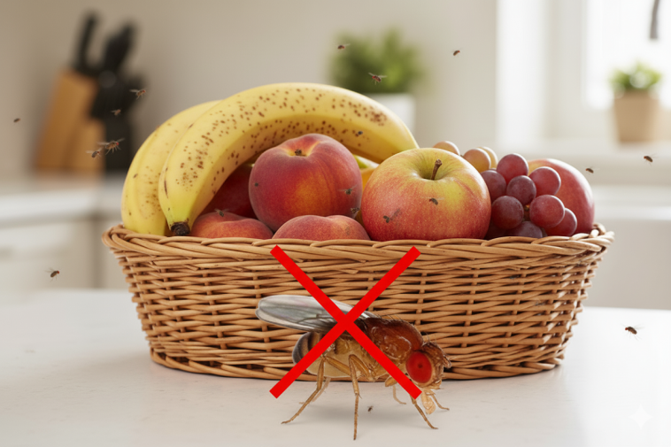 Plusieurs moucherons autour d’une corbeille de fruits bien mûrs dans une cuisine, infestation de drosophiles et prévention naturelle