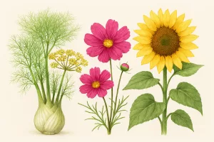 Illustration de fenouil, cosmos et tournesol, plantes qui attirent les punaises vertes loin des tomates