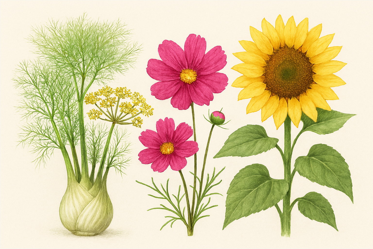 Illustration de fenouil, cosmos et tournesol, plantes qui attirent les punaises vertes loin des tomates