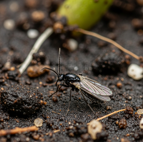 Photo 2 : petit moucheron noir au ras du terreau