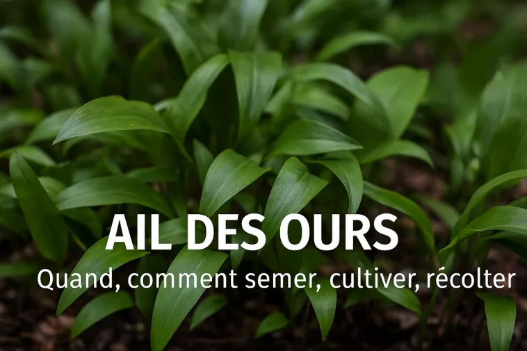 Ail des ours cultivé au jardin, feuilles vertes et fleurs blanches fraîches, en coin ombragé, avec texte “Quand, comment semer, cultiver, récolter” – guide pratique GoJardin