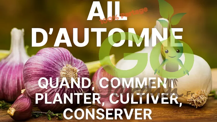 Bulbes et caïeux d’ail d’automne, variétés blanches et violettes, fraîchement récoltés et posés sur un support en bois, avec conseils pour savoir quand et comment planter, cultiver et conserver