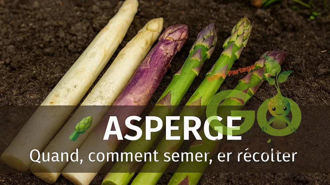 Asperges fraîches blanches, vertes et violettes, disposées sur un sol naturel, turions visibles, ambiance printanière douce, avec quand et comment semer, cultiver et récolter