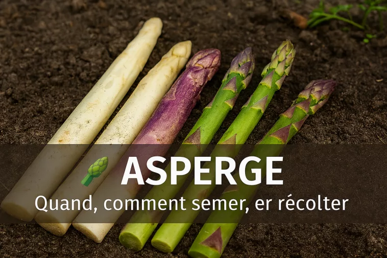 Asperges fraîches blanches, vertes et violettes, disposées sur un sol naturel, turions visibles, ambiance printanière douce, avec quand et comment semer, cultiver et récolter
