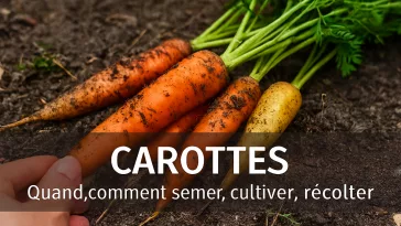 Carottes de différentes variétés fraîchement récoltées, avec fanes vertes et traces de terre, disposées sur un sol naturel, accompagnées de conseils pour savoir quand et comment semer, cultiver et récolter