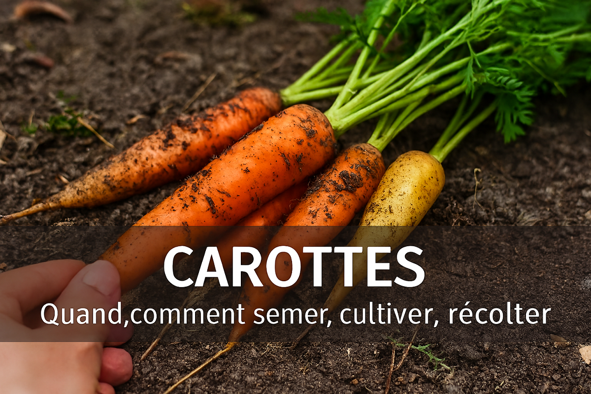 Carottes de différentes variétés fraîchement récoltées, avec fanes vertes et traces de terre, disposées sur un sol naturel, accompagnées de conseils pour savoir quand et comment semer, cultiver et récolter