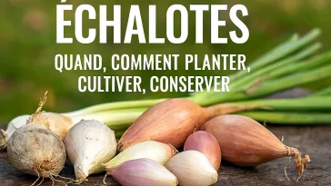 Bulbes d’échalotes grises, roses et longues fraîchement récoltés, posés sur un support en bois avec leurs fanes vertes, accompagnés de conseils pour savoir quand et comment planter, cultiver et conserver
