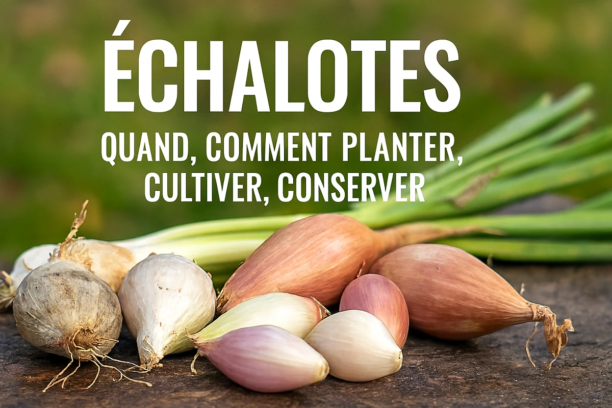 Bulbes d’échalotes grises, roses et longues fraîchement récoltés, posés sur un support en bois avec leurs fanes vertes, accompagnés de conseils pour savoir quand et comment planter, cultiver et conserver