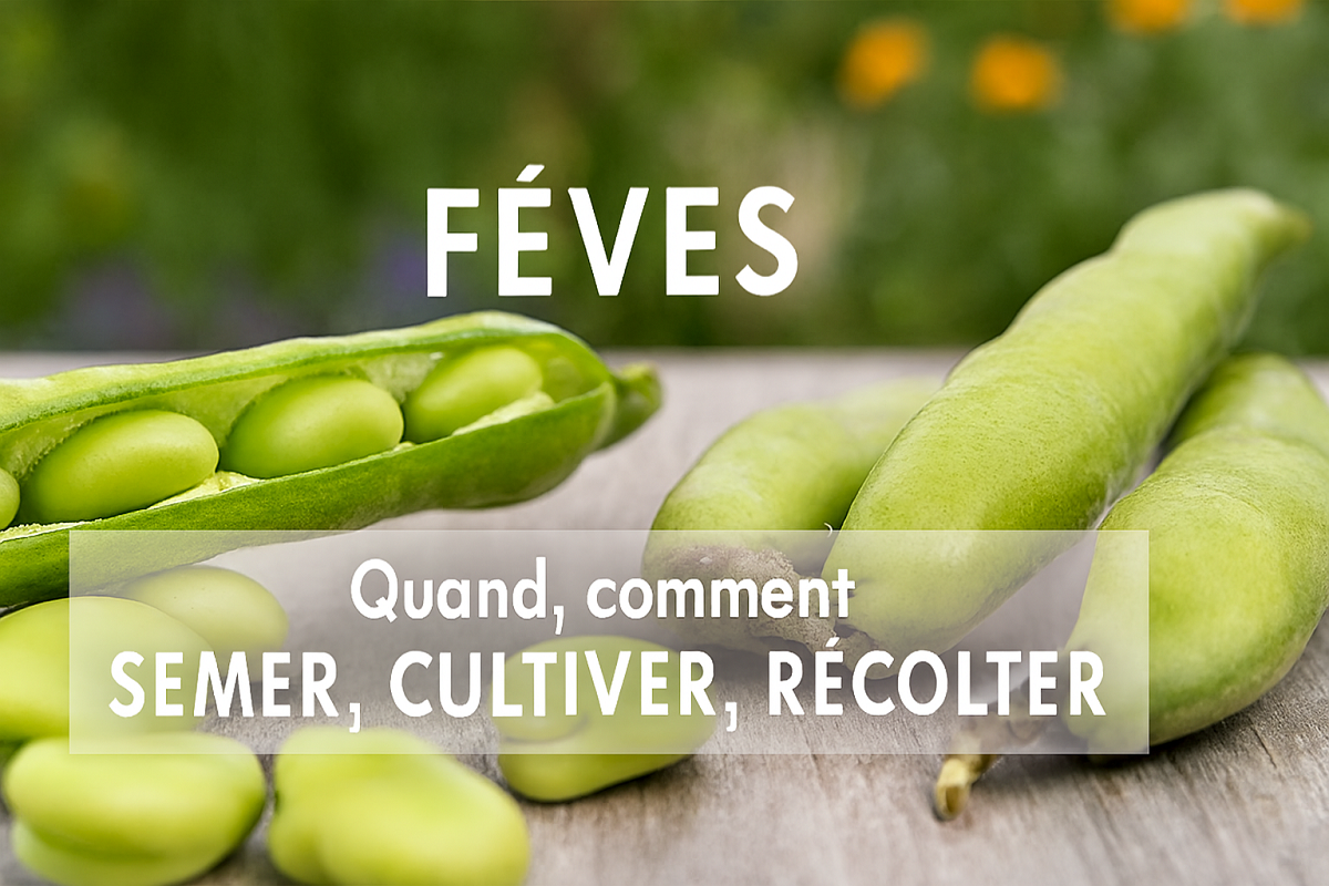 Gousses de fèves vertes ouvertes et fermées, avec grains frais et brillants, disposées sur une surface naturelle, ambiance printanière, accompagnées de conseils pour savoir quand et comment semer, cultiver et récolter
