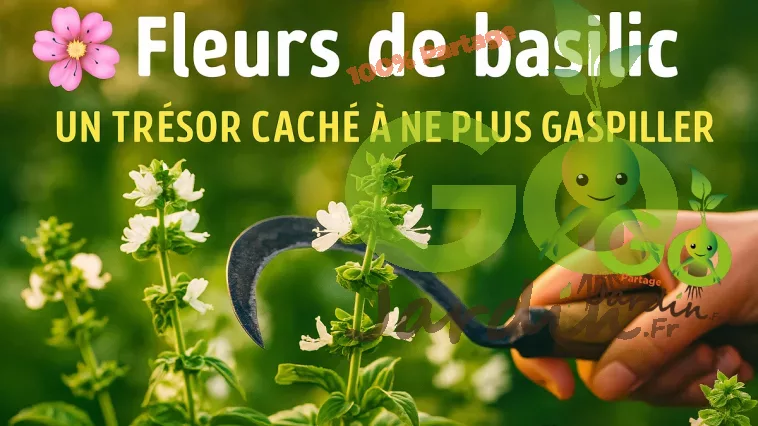 Fleurs de basilic blanches sur tiges vertes, récoltées avec une faucille traditionnelle au jardin – un trésor culinaire, médicinal et ornemental à ne plus gaspiller