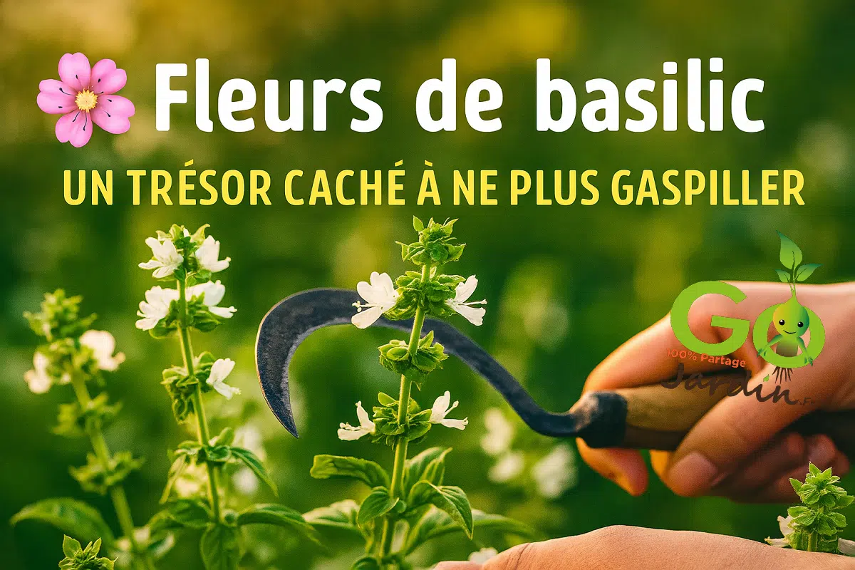 Fleurs de basilic blanches sur tiges vertes, récoltées avec une faucille traditionnelle au jardin – un trésor culinaire, médicinal et ornemental à ne plus gaspiller