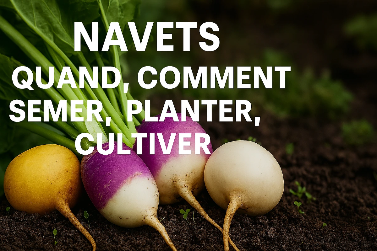 Plusieurs variétés de navets fraîchement récoltés au potager – Boule d’Or, Purple Top Milan, blanc, Petrowski et Tokyo Cross – avec conseils pour savoir quand et comment semer, planter et cultiver