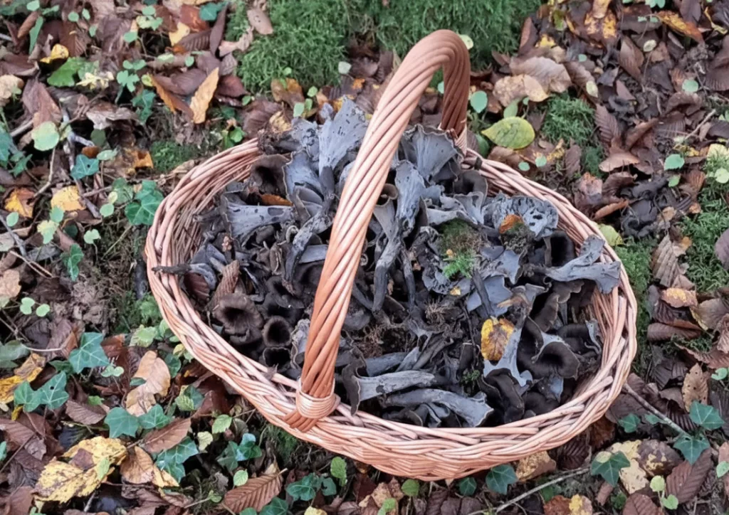 panier avec champignons frais trompette de la mort dans un sous bois