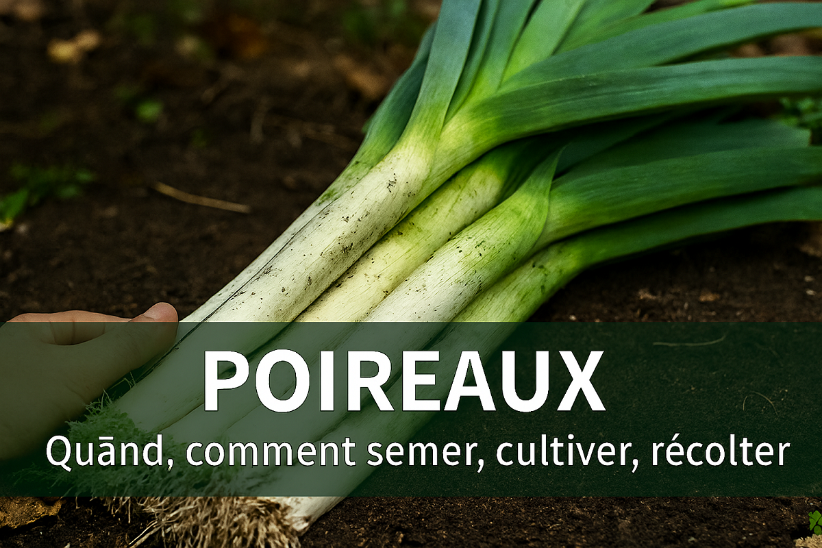 Poireaux fraîchement récoltés avec longues tiges blanches et fanes vertes, encore légèrement terreux, disposés sur un sol naturel, accompagnés de conseils pour savoir quand et comment semer, cultiver et récolter