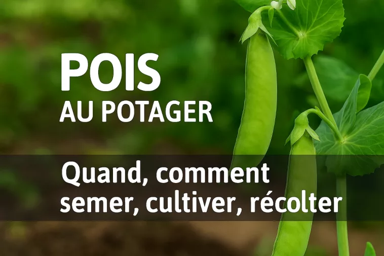 Gousses de pois vertes fraîches au potager avec fleurs blanches, texte “Quand, comment semer, cultiver, récolter” – guide pratique GoJardin