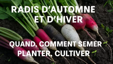 Plusieurs variétés de radis d’hiver fraîchement récoltés au potager – radis noir, rose de Chine, violet de Gournay, Green Meat et Daïkon – avec conseils pour savoir quand et comment semer, planter et cultiver