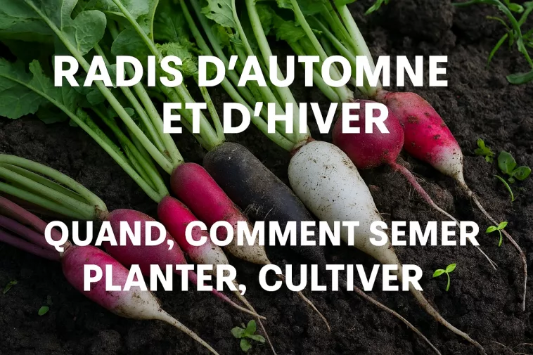 Plusieurs variétés de radis d’hiver fraîchement récoltés au potager – radis noir, rose de Chine, violet de Gournay, Green Meat et Daïkon – avec conseils pour savoir quand et comment semer, planter et cultiver