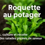 Plan rapprochĂ© de roquette fraĂźche cultivĂ©e au potager, feuilles vertes prĂȘtes Ă ĂȘtre rĂ©coltĂ©es.