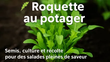 Plan rapproché de roquette fraîche cultivée au potager, feuilles vertes prêtes à être récoltées.