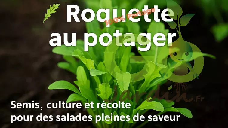 Plan rapproché de roquette fraîche cultivée au potager, feuilles vertes prêtes à être récoltées.