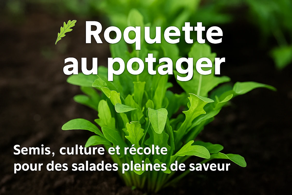 Plan rapproché de roquette fraîche cultivée au potager, feuilles vertes prêtes à être récoltées.