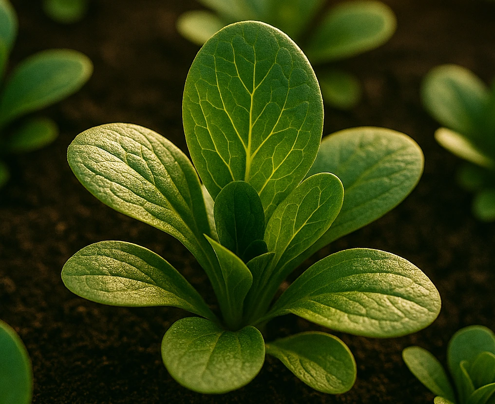 Mâche salade d’hiver fraîche au potager en septembre