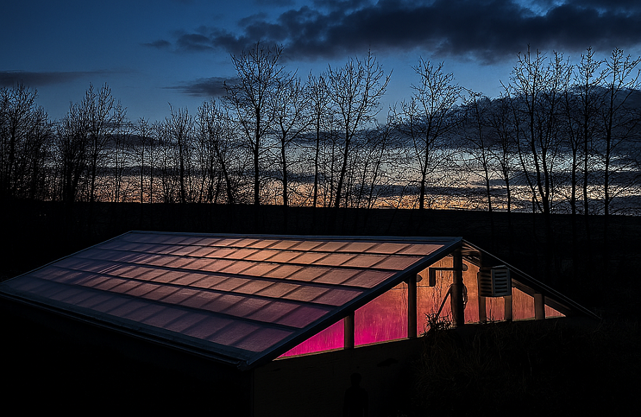 Vue extérieure d’une serre Walipini semi‑enterré en Alberta (Canada), photographié à l’automne. Le toit en polycarbonate triple paroi laisse filtrer la lumière des lampes horticoles. Cette ambiance met en valeur l’atmosphère chaleureuse et humide du refuge, alors que les températures extérieures peuvent descendre jusqu’à –40 °C. 