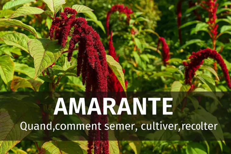 Amarante rouge, verte et violette cultivée au potager, panicules florales spectaculaires, avec texte “Quand, comment semer, cultiver, récolter” – guide pratique GoJardin