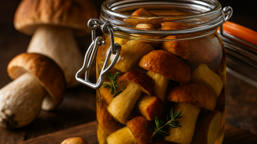 une conserve en verre rempli de cèpes à l’huile, cèpes frais, la cueillette et la fraîcheur forestière et gourmande