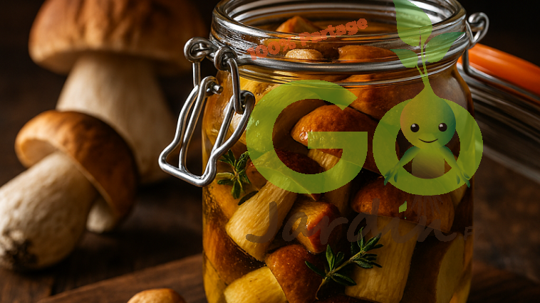 une conserve en verre rempli de cèpes à l’huile, cèpes frais, la cueillette et la fraîcheur forestière et gourmande