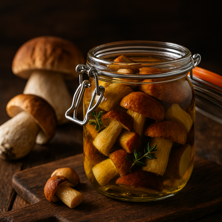 une conserve en verre rempli de cèpes à l’huile, cèpes frais, la cueillette et la fraîcheur forestière et gourmande