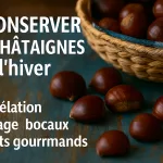 Panier et châtaignes fraîches sur fond rustique bleu, illustration des méthodes de conservation : congélation, séchage, bocaux et astuces gourmandes