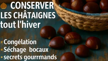Panier et châtaignes fraîches sur fond rustique bleu, illustration des méthodes de conservation : congélation, séchage, bocaux et astuces gourmandes