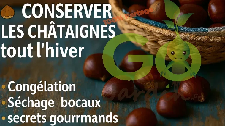 Panier et châtaignes fraîches sur fond rustique bleu, illustration des méthodes de conservation : congélation, séchage, bocaux et astuces gourmandes