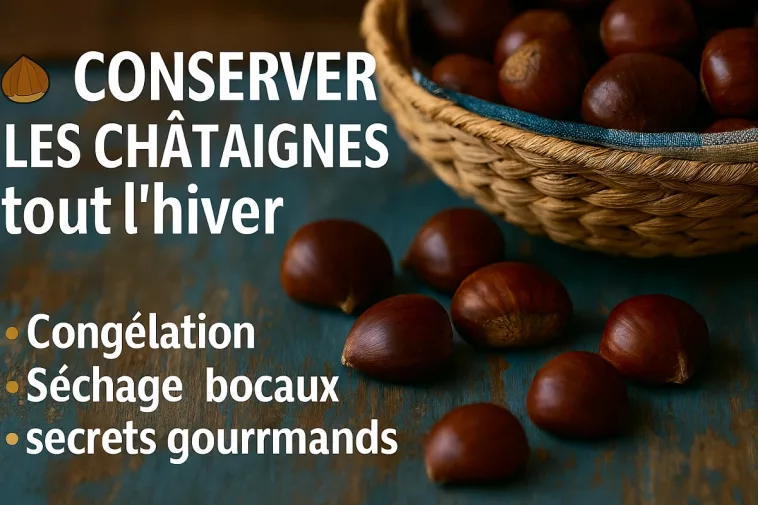 Panier et châtaignes fraîches sur fond rustique bleu, illustration des méthodes de conservation : congélation, séchage, bocaux et astuces gourmandes