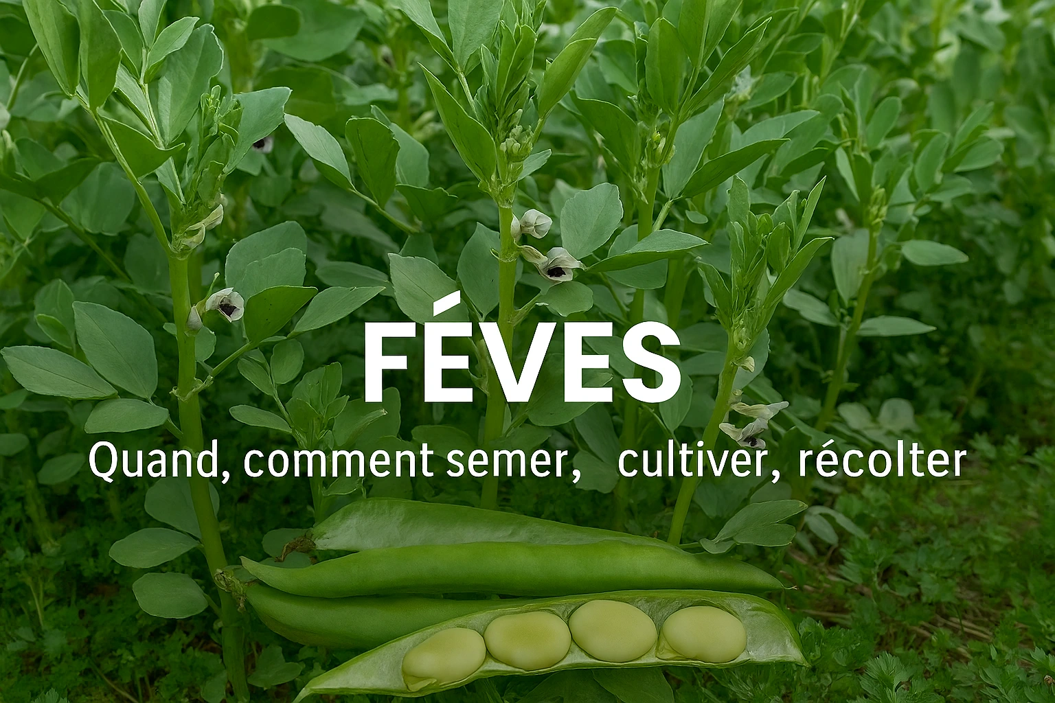 Gousses de fèves vertes fraîches au potager, bande titre “Quand, comment semer, cultiver et récolter”