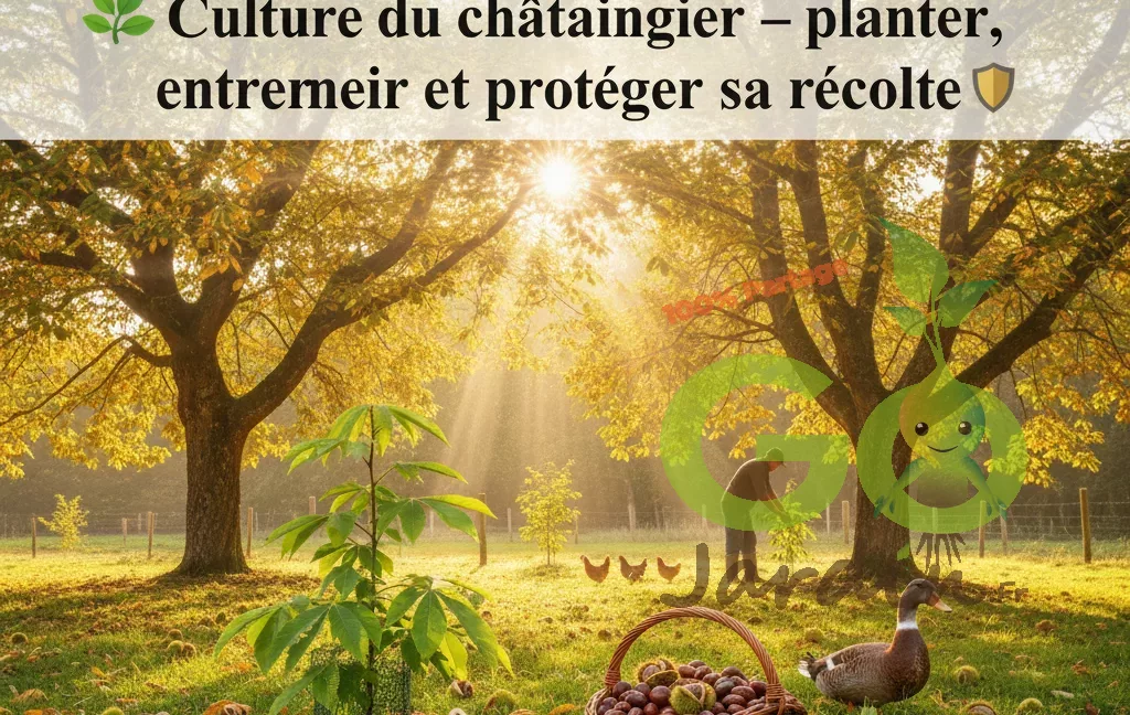 châtaigniers adultes en automne dans un jardin bio, panier de châtaignes au premier plan et poules avec canard coureur indien en arrière-plan
