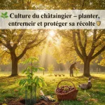 châtaigniers adultes en automne dans un jardin bio, panier de châtaignes au premier plan et poules avec canard coureur indien en arrière-plan
