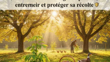 châtaigniers adultes en automne dans un jardin bio, panier de châtaignes au premier plan et poules avec canard coureur indien en arrière-plan