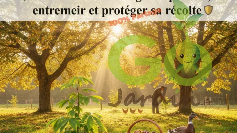 châtaigniers adultes en automne dans un jardin bio, panier de châtaignes au premier plan et poules avec canard coureur indien en arrière-plan
