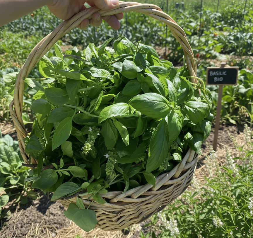 Basilic en fleurs au potager