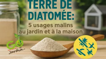 Terre de diatomée en poudre dans une cuillère en bois, avec potager et poulailler flous en arrière‑plan, illustrant ses utilisations naturelles contre les insectes au jardin, à la maison et en élevage.