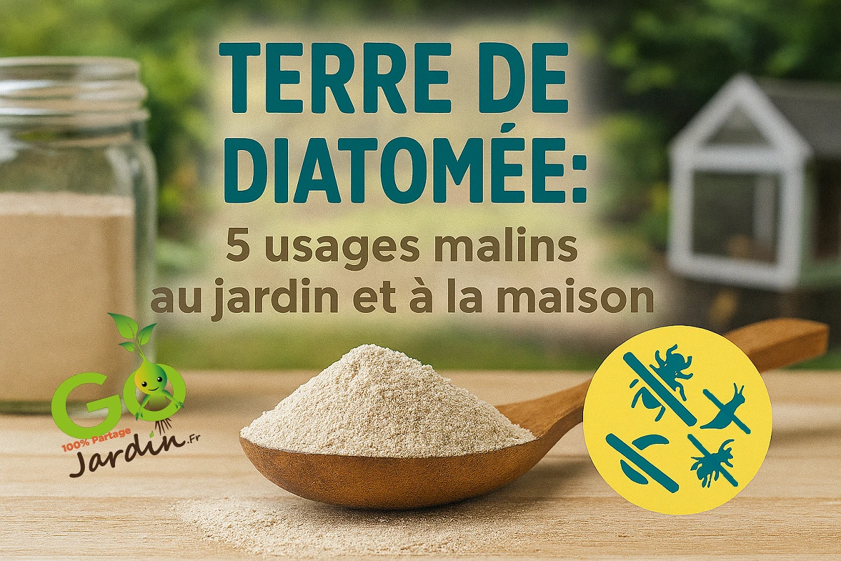 Terre de diatomée en poudre dans une cuillère en bois, avec potager et poulailler flous en arrière‑plan, illustrant ses utilisations naturelles contre les insectes au jardin, à la maison et en élevage.
