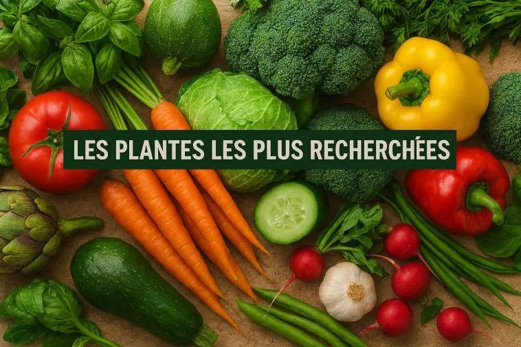 Illustration moderne d’un potager avec légumes colorés – classement des plantes les plus recherchées 2025/2026 sur GoJardin